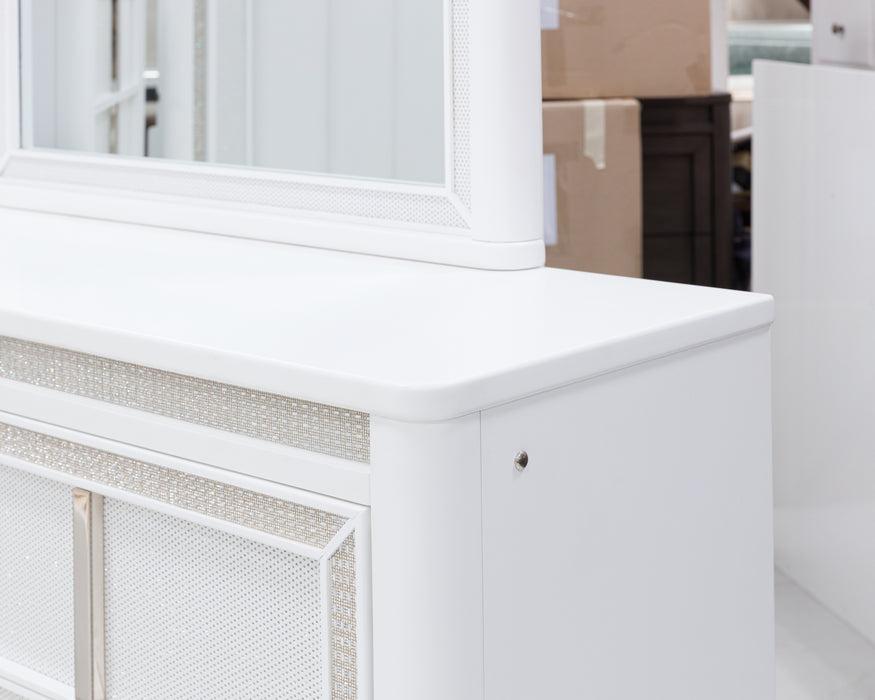 Chalanna Queen Upholstered Storage Bed with Mirrored Dresser and Chest