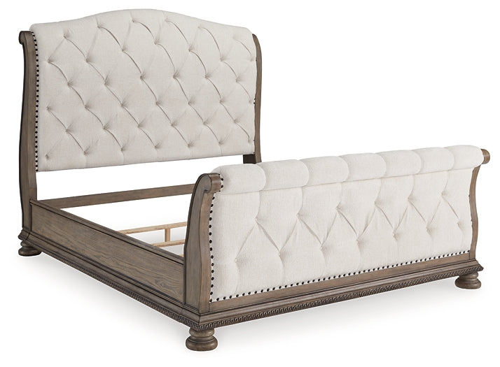 Ardenfield King Upholstered Sleigh Bed with Mirrored Dresser and Chest