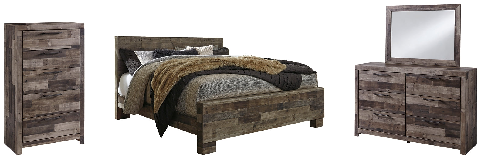 Derekson King Panel Bed with Mirrored Dresser and Chest Huntsville Furniture Outlet