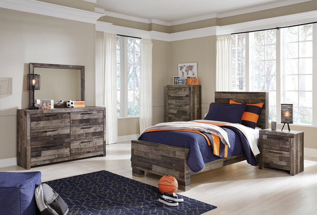 Derekson Twin Panel Bed with Mirrored Dresser, Chest and Nightstand Huntsville Furniture Outlet