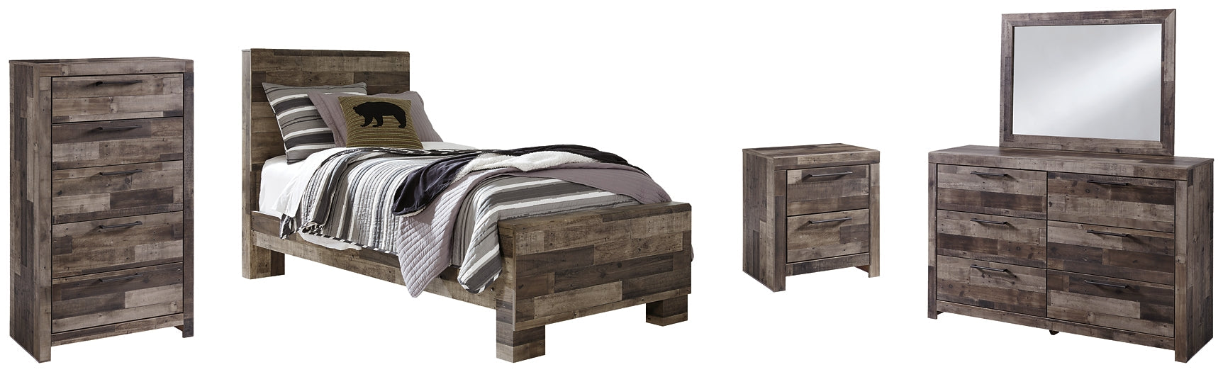 Derekson Twin Panel Bed with Mirrored Dresser, Chest and Nightstand Huntsville Furniture Outlet