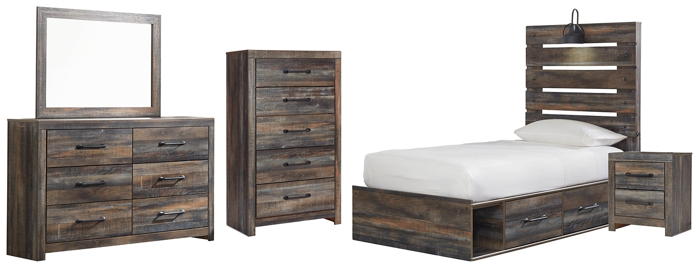 Drystan Twin Panel Bed with 4 Storage Drawers with Mirrored Dresser, Chest and Nightstand Huntsville Furniture Outlet