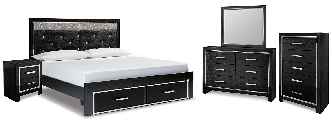 Kaydell King Upholstered Panel Storage Bed with Mirrored Dresser, Chest and Nightstand Huntsville Furniture Outlet