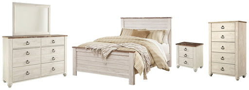Willowton Queen Panel Bed with Mirrored Dresser, Chest and Nightstand Huntsville Furniture Outlet