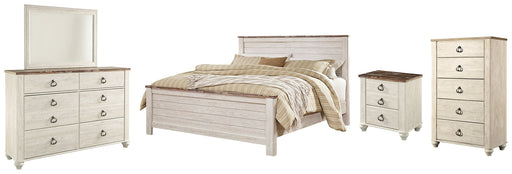 Willowton Queen Panel Bed with Mirrored Dresser, Chest and Nightstand Huntsville Furniture Outlet