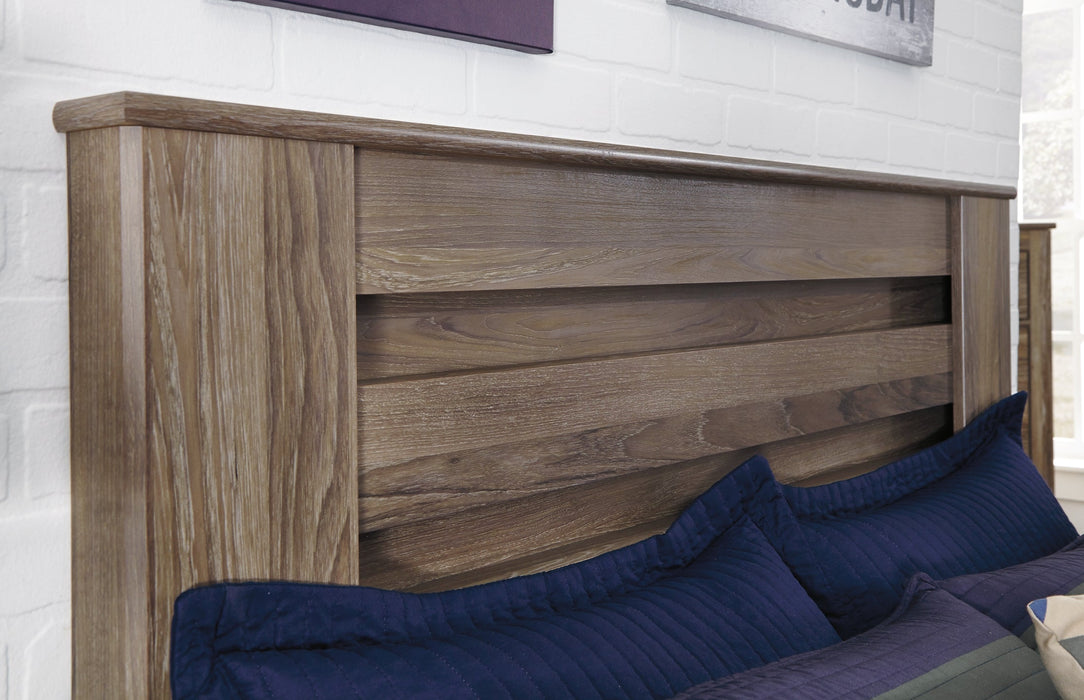 Zelen King Panel Bed with Mirrored Dresser and Chest Huntsville Furniture Outlet