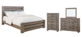 Zelen King Panel Bed with Mirrored Dresser and Chest Huntsville Furniture Outlet