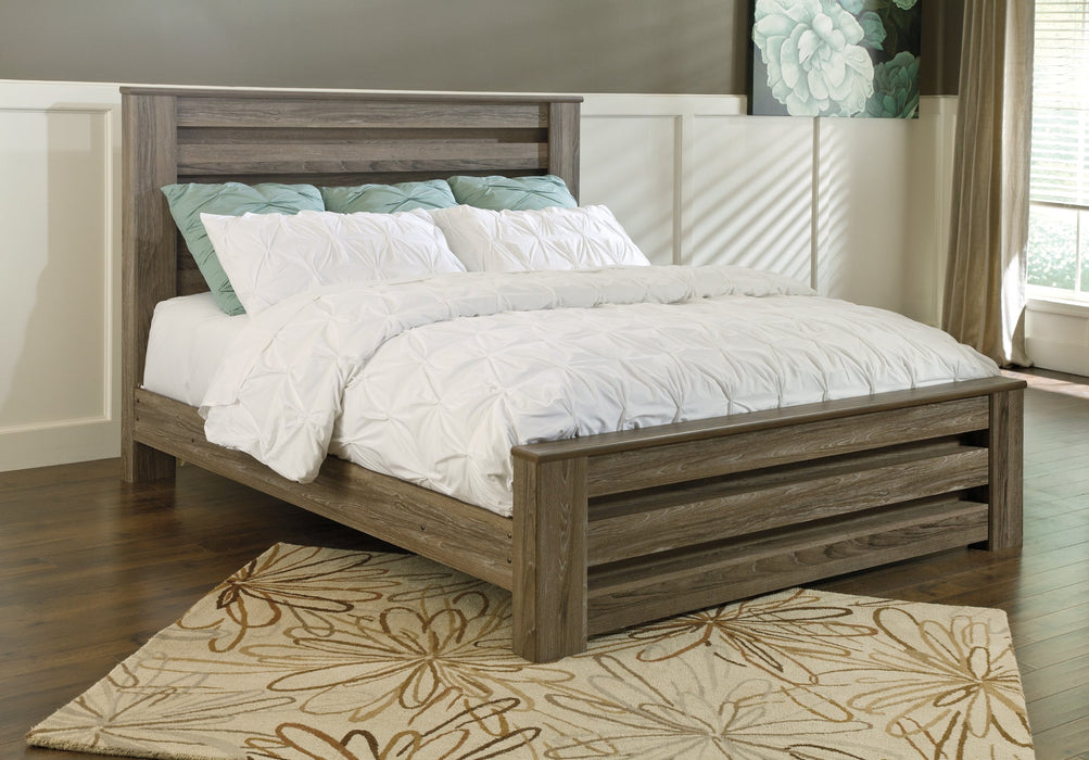Zelen King Panel Bed with Mirrored Dresser and Chest Huntsville Furniture Outlet