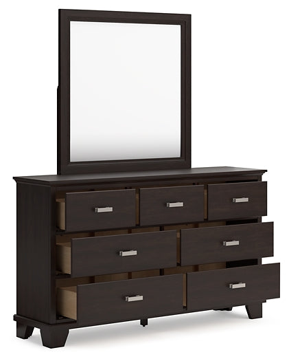 Covetown King Panel Bed with Mirrored Dresser, Chest and Nightstand