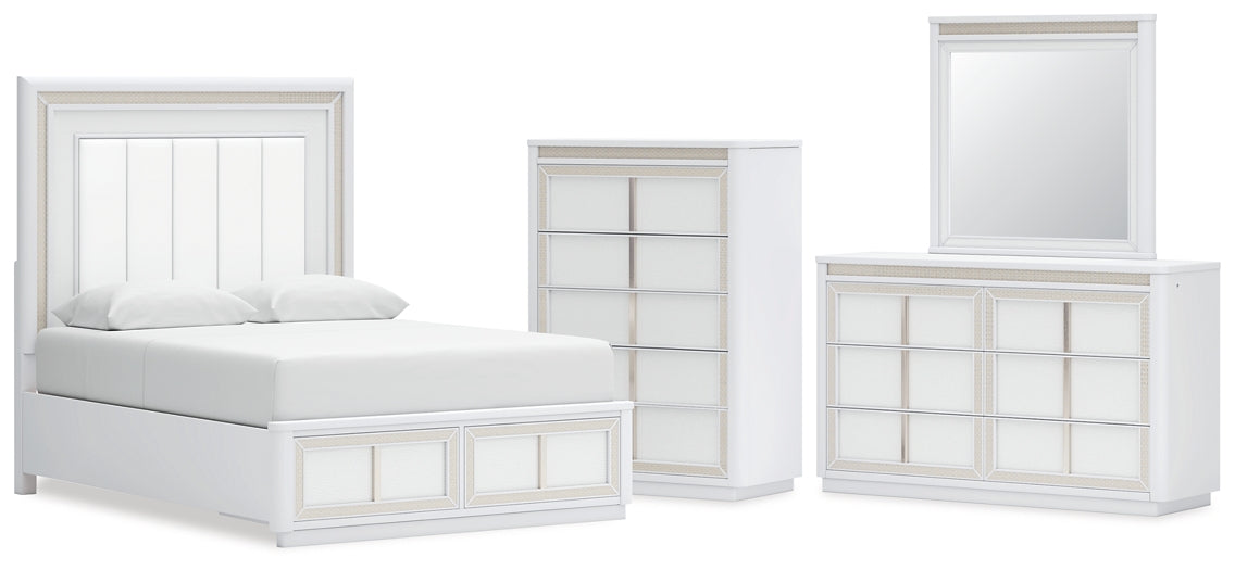 Chalanna Queen Upholstered Storage Bed with Mirrored Dresser and Chest