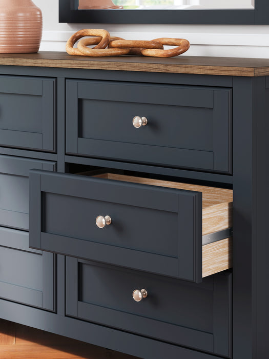 Landocken Twin Panel Headboard with Mirrored Dresser, Chest and Nightstand