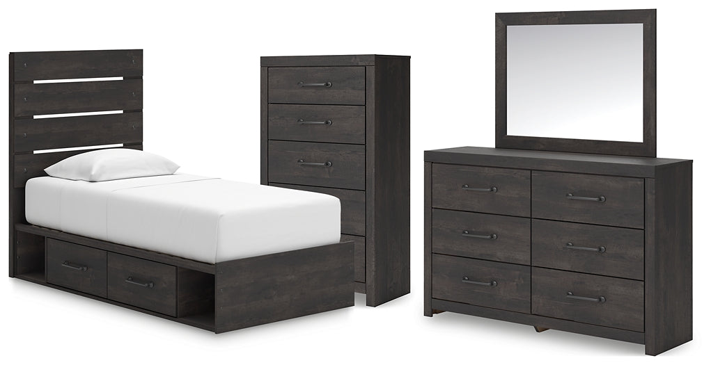 Hollivern Twin Panel Bed with Storage with Mirrored Dresser and Chest