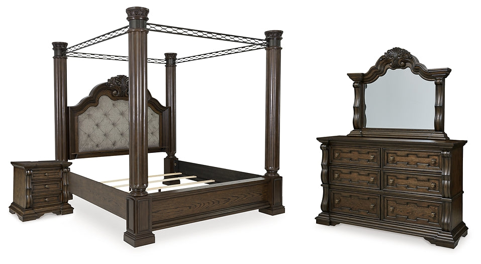 Maylee King Canopy Bed with Mirrored Dresser and Nightstand