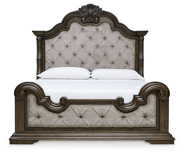 Maylee California King Upholstered Bed with Mirrored Dresser and Chest