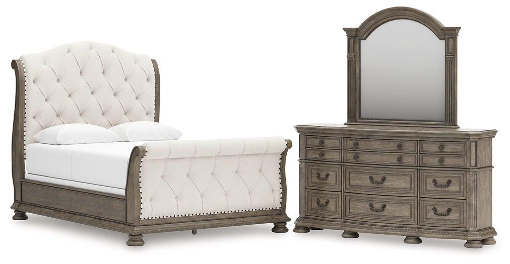 Ardenfield Queen Upholstered Sleigh Bed with Mirrored Dresser
