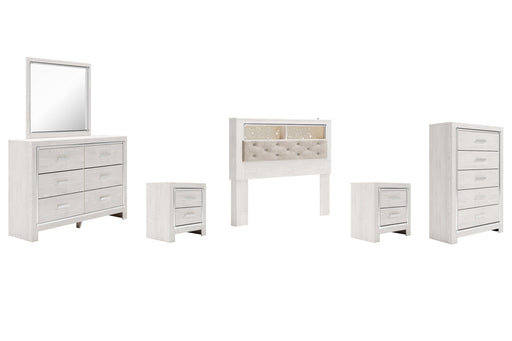 Altyra Queen Bookcase Headboard with Mirrored Dresser, Chest and 2 Nightstands Huntsville Furniture Outlet