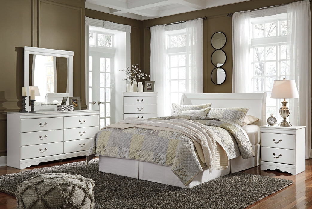 Anarasia Queen Sleigh Headboard with Mirrored Dresser, Chest and 2 Nightstands Huntsville Furniture Outlet
