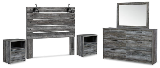 Baystorm Queen Panel Headboard with Mirrored Dresser and 2 Nightstands Huntsville Furniture Outlet