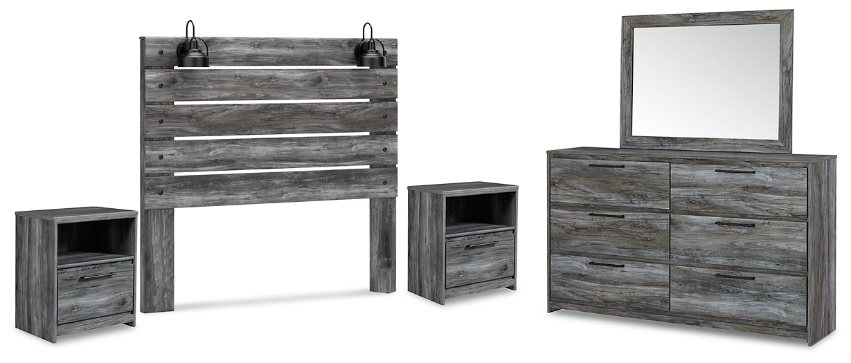 Baystorm Queen Panel Headboard with Mirrored Dresser and 2 Nightstands Huntsville Furniture Outlet
