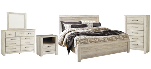 Bellaby Queen Panel Bed with Mirrored Dresser, Chest and Nightstand Huntsville Furniture Outlet