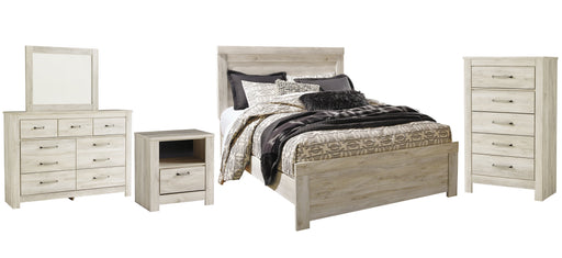 Bellaby Queen Panel Bed with Mirrored Dresser, Chest and Nightstand Huntsville Furniture Outlet