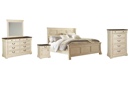 Bolanburg Queen Panel Bed with Mirrored Dresser, Chest and Nightstand Huntsville Furniture Outlet