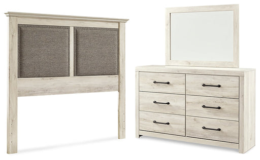 Cambeck King/California King Upholstered Panel Headboard with Mirrored Dresser Huntsville Furniture Outlet