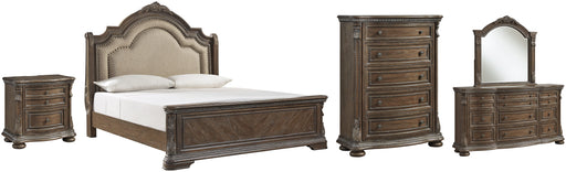 Charmond Queen Upholstered Sleigh Bed with Mirrored Dresser, Chest and Nightstand Huntsville Furniture Outlet