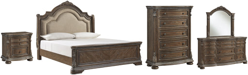 Charmond Queen Upholstered Sleigh Bed with Mirrored Dresser, Chest and Nightstand Huntsville Furniture Outlet