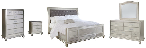 Coralayne Queen Upholstered Sleigh Bed with Mirrored Dresser, Chest and Nightstand Huntsville Furniture Outlet