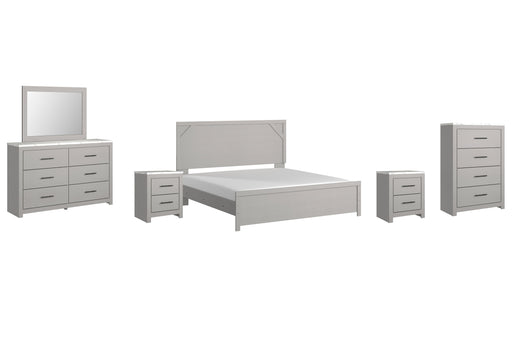 Cottonburg King Panel Bed with Mirrored Dresser, Chest and 2 Nightstands Huntsville Furniture Outlet
