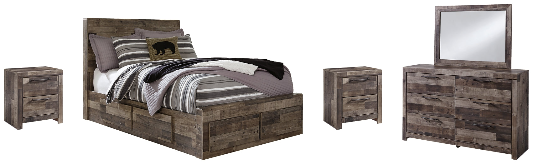 Derekson Full Panel Bed with 6 Storage Drawers with Mirrored Dresser and 2 Nightstands Huntsville Furniture Outlet