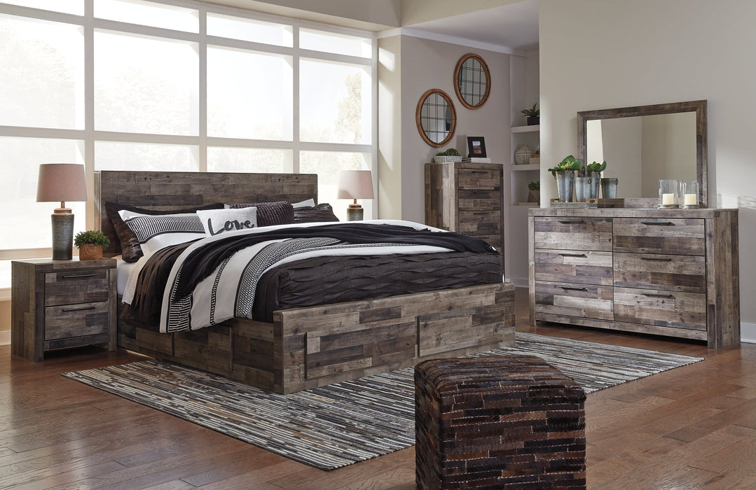 Derekson King Panel Bed with 4 Storage Drawers with Mirrored Dresser, Chest and Nightstand Huntsville Furniture Outlet