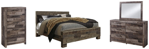 Derekson King Panel Bed with Mirrored Dresser and Chest Huntsville Furniture Outlet