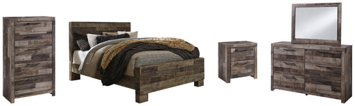 Derekson Queen Panel Bed with Mirrored Dresser, Chest and Nightstand Huntsville Furniture Outlet