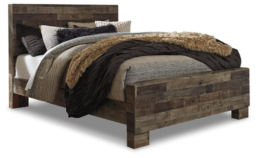 Derekson Queen Panel Bed with Mirrored Dresser and Chest Huntsville Furniture Outlet