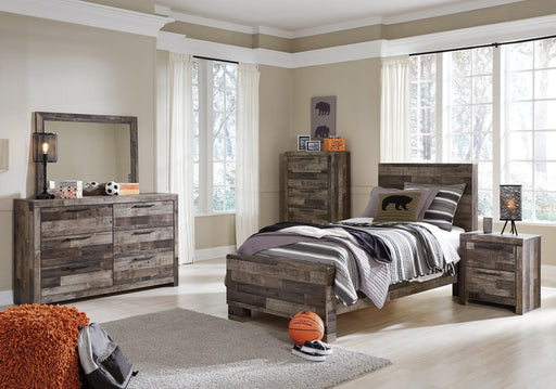 Derekson Twin Panel Bed with Mirrored Dresser, Chest and Nightstand Huntsville Furniture Outlet