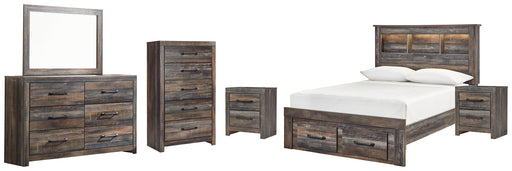 Drystan Full Bookcase Bed with 2 Storage Drawers with Mirrored Dresser, Chest and 2 Nightstands Huntsville Furniture Outlet