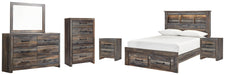 Drystan Full Bookcase Bed with 2 Storage Drawers with Mirrored Dresser, Chest and 2 Nightstands Huntsville Furniture Outlet
