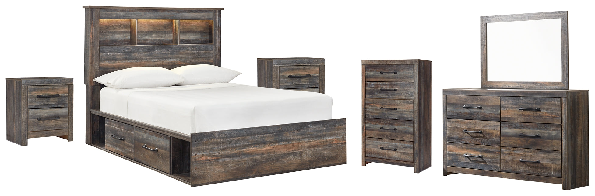 Drystan Full Bookcase Bed with 2 Storage Drawers with Mirrored Dresser, Chest and 2 Nightstands Huntsville Furniture Outlet