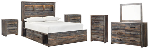 Drystan Full Bookcase Bed with 2 Storage Drawers with Mirrored Dresser, Chest and 2 Nightstands Huntsville Furniture Outlet