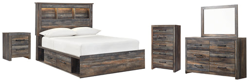 Drystan Full Bookcase Bed with 2 Storage Drawers with Mirrored Dresser, Chest and Nightstand Huntsville Furniture Outlet