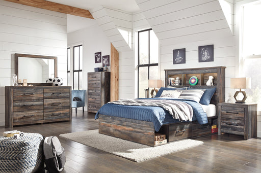 Drystan Full Bookcase Bed with 2 Storage Drawers with Mirrored Dresser, Chest and Nightstand Huntsville Furniture Outlet