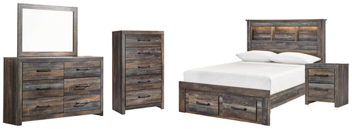 Drystan Full Bookcase Bed with 2 Storage Drawers with Mirrored Dresser, Chest and Nightstand Huntsville Furniture Outlet
