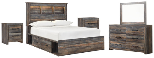 Drystan Full Bookcase Bed with 2 Storage Drawers with Mirrored Dresser and 2 Nightstands Huntsville Furniture Outlet