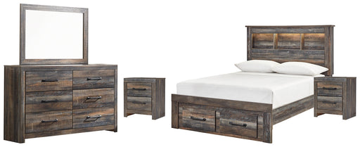 Drystan Full Bookcase Bed with 2 Storage Drawers with Mirrored Dresser and 2 Nightstands Huntsville Furniture Outlet