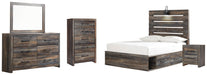 Drystan Full Panel Bed with 4 Storage Drawers with Mirrored Dresser, Chest and Nightstand Huntsville Furniture Outlet