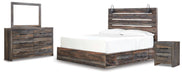 Drystan King Panel Bed with 2 Storage Drawers with Mirrored Dresser and Nightstand Huntsville Furniture Outlet