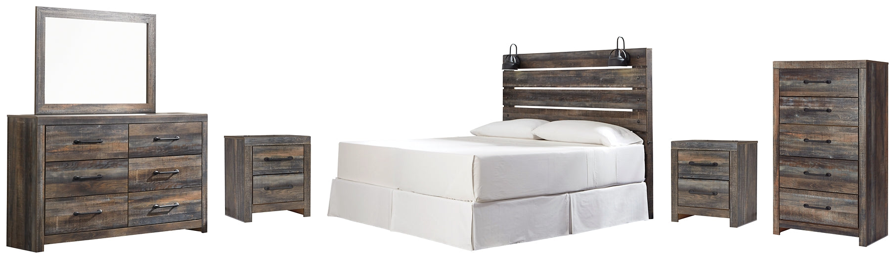 Drystan King Panel Headboard with Mirrored Dresser, Chest and 2 Nightstands Huntsville Furniture Outlet