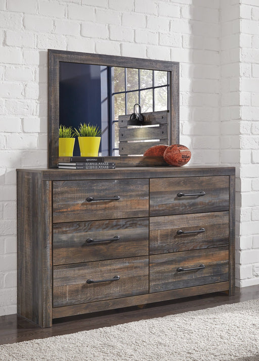 Drystan King Panel Headboard with Mirrored Dresser Huntsville Furniture Outlet